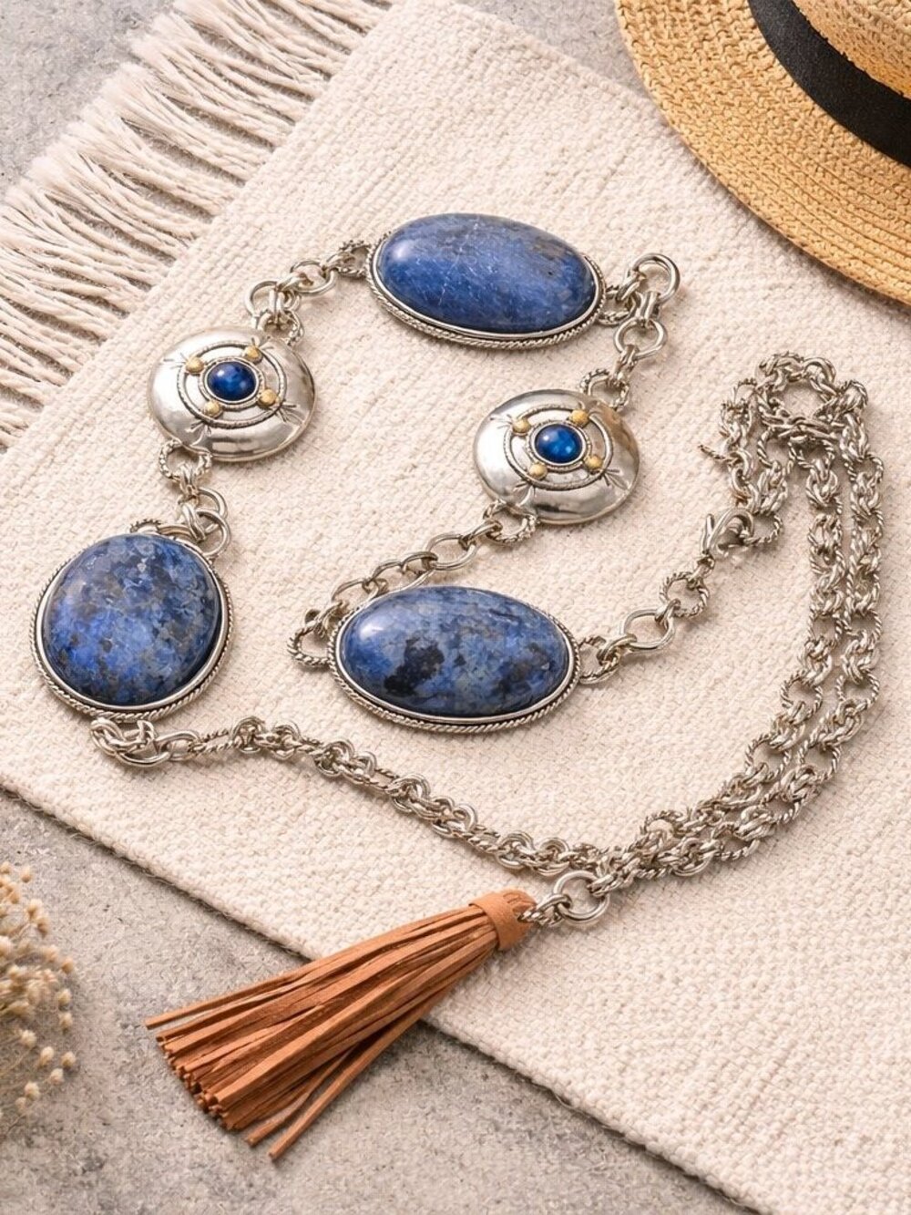 CHICO'S SILVER blue sodalite Stone Chain women's belt size Medium Large